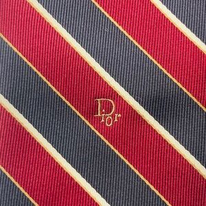 Vintage deadstock Red, white blue diagonal stripe silk blend Christian Dior tie.